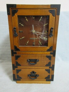 ●昭和レトロ●宝石箱付き置き時計 クオーツ時計●木製 民芸調 置き時計●動作ＯＫ●DESIGINED BY FUKAYA