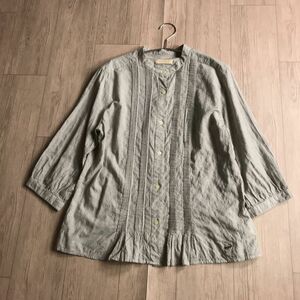 100円スタート□ crocodile クロコダイル　バンドカラー　ピンタック　ブラウス　ゆったり　LL