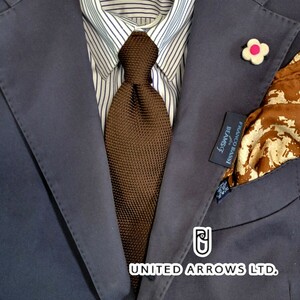 【未使用近】超高級 UNITED ARROWS 春夏シルク ブラウン ネクタイ ニットタイユナイテッドアローズ テーラードジャケットスーツ革靴に◎