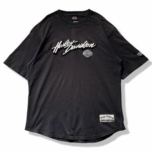 【00s】ハーレーダビッドソン ワッペンロゴ ユニフォームTシャツ グレー 半袖 ヘムラウンド 刺繍ロゴ バイクTシャツ ヴィンテージTシャツ