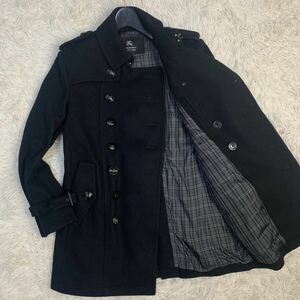 美品 バーバリーブラックレーベル コート 銀ボタン メタル カシミア カシミヤ ウール ナポレオン ホース 黒 BURBERRY BLACK LABEL S ダブル