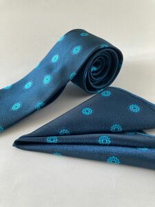 ネクタイ　２点セット　ポケットチーフ　花柄ドット　ブルー　ビジネス　フォーマル