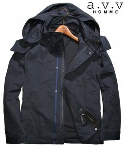 新品ラス1 春物 XL 定価1.32万▼ a.v.v Homme アーヴェーヴェーオム 2way ビッグフード ブルゾン パーカー ネイビー 濃紺 フード付 MENS