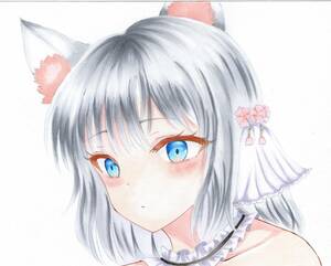 Art hand Auction オリジナル手描きイラスト 猫耳 女の子 画用紙 B5 △, コミック, アニメグッズ, 手描きイラスト