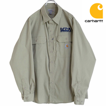 4968/美品 Carhartt 長袖ワークシャツL●洗濯プレス済●ネコポス可●織り格子柄 LCRAワッペン付き ストレッチ入りロゴマークカーハート古着_画像1