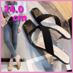 *. put on * black 24.0cm mules clear heel square tu sandals heel sandals beautiful legs open tu high heel belt 