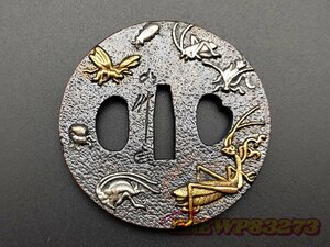 刀鍔　夏虫の図　銅製　透かし　絵金銀　日本刀装具　刀の鍔　刀剣美術　武道具　ツバ