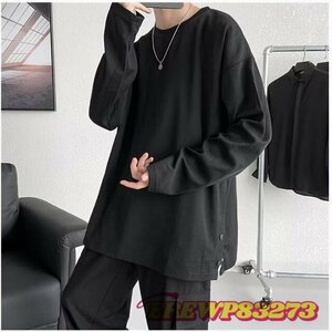 秋服Tシャツ メンズ 長袖 ロング 大きいサイズ カットソー 無地 シンプル インナー トップス ブラック XL