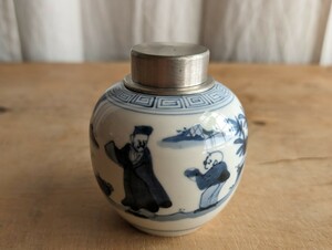 染付錫蓋茶入　東湖　茶壷　煎茶道具　唐子絵　不老長寿　錫蓋　茶器　茶入れ　二重蓋