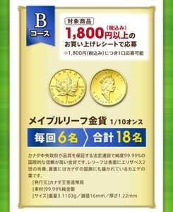 高額*web応募*希少*金貨*99.99%純金製*プレゼント*メイプルリーフ金貨1/10オンス*18名*カナダ中央政府*レシート懸賞*1口*匿名配送あり*3/31