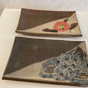 小石原焼 梶原窯 梶原二郎 皿 菓子皿 作家 手描き 花 椿 紫陽花 角皿 陶器 和食器