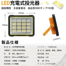 送料込 100W LED作業灯 USB 充電式 投光器 高輝度 大容量 15000mAh 薄型 赤青点滅 IP66防水 マグネット付き 照明 懐中電灯 SLT-192_画像2