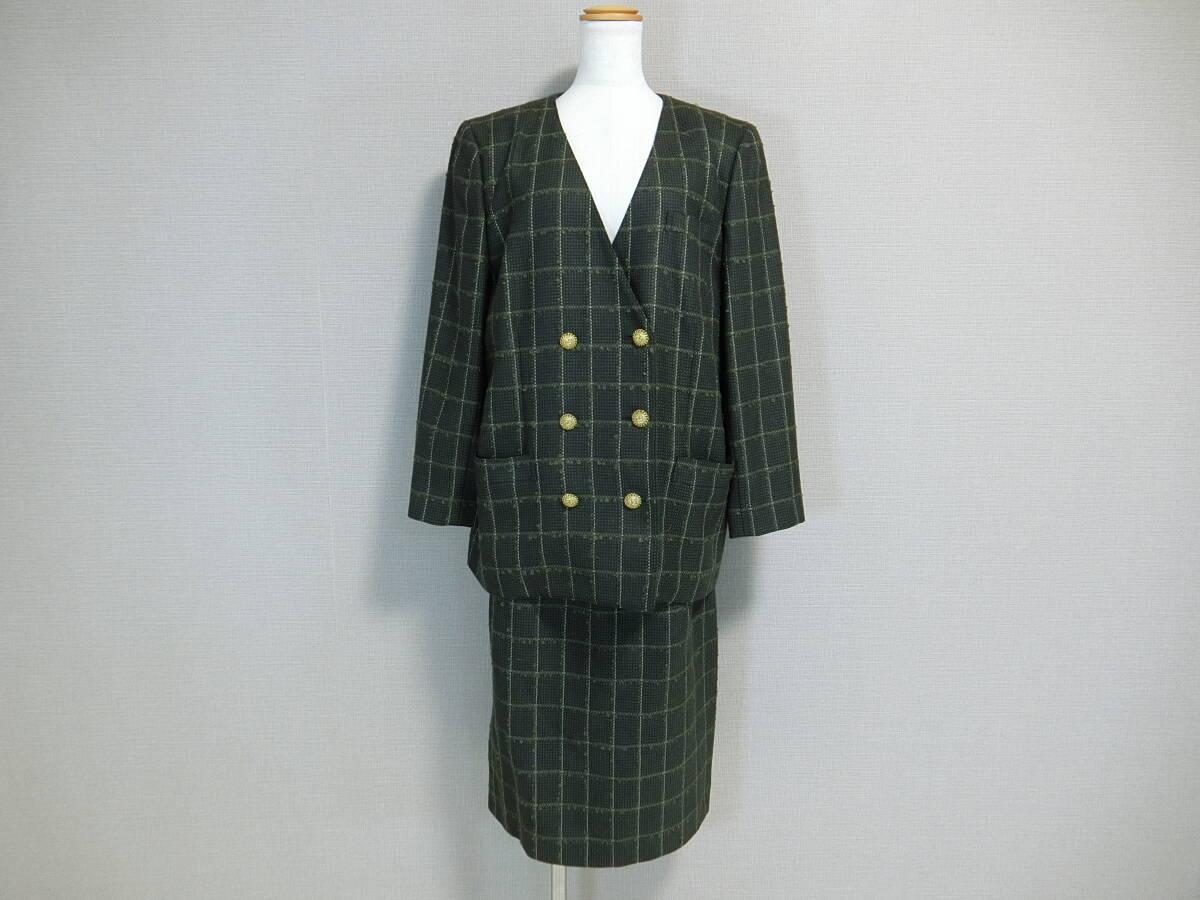 美品 Leilian レリアン 金ボタン スカート セットアップ カーキグリーン チェック 13+ 大きいサイズ
