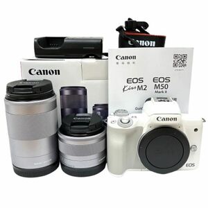 ●【Canon/キャノン】EOS Kiss M2 ホワイト ボディ/EF-M 15-45mm 1:3.5-6.3 IS STM/EF-M 55-200mm 1:4.5-6.3 IS STM レンズ カメラ★22287