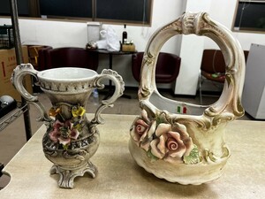 FJ0701 イタリア製 花瓶 陶器 フラワーベース 陶器花瓶 レトロアンティーク 2個セット