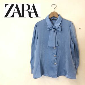 F2229-K◆ZARA ザラ 長袖ビジューブラウス◆sizeM ブルー リボン 光沢 薄手 とろみ感 キレイめ レディース パール 華やか パフスリーブ