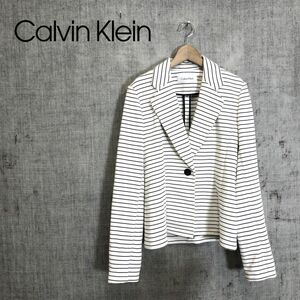 M106-O-N◆美品◆ CALVIN KLEIN カルバンクライン テーラードジャケット ボーダー アウター◆size2 ホワイト 白