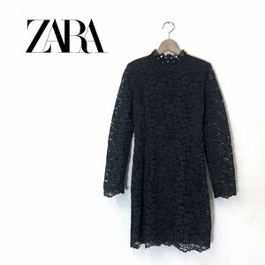 M80-O-N◆美品◆ ZARA ザラ 総レースワンピース スタッズ ドレス タイト シースルー 膝丈◆sizeXS ブラック 黒