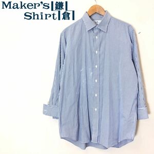 M44-F-N◆ makers shirt 鎌倉 メーカーズシャツ 長袖シャツ ストライプ 総柄 トップス ◆ size42-84 コットン100 ブルー ホワイト 古着