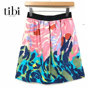 M18-J◆tibi NEWYORK ティビ ニューヨーク 総柄ひざ丈スカート◆サイズ2 シルク 絹100% 個性派アイテム ウエストゴム 裏地 レディース