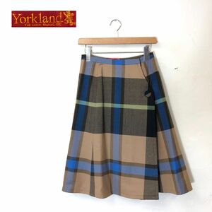 F2643-T◆York land ヨークランド ロングスカート フレアスカート ひざ丈 チェック 総柄◆size9AR ベージュ レディース ボトムス ウール100