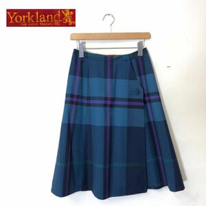 F2641-T◆York land ヨークランド ロングスカート フレアスカート ひざ丈 チェック 総柄◆size9AR ネイビー レディース ボトムス ウール100