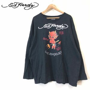 F2506-F◆ Ed Hardy エドハーディ 長袖Tシャツ カットソー プリント 大きめ トップス ◆ size4L コットン100 ブラック 古着 メンズ 春