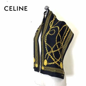 F2523-N◆美品◆ イタリア製 CELINE セリーヌ スカーフ 長方形 小物 服飾 ◆ ブラック イエロー 総柄 シルク100