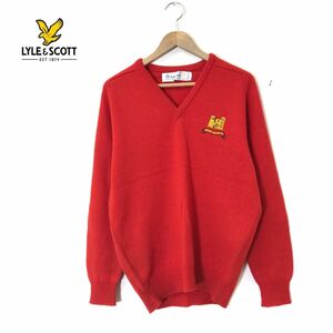 M309-N◆old◆スコットランド製 Lyle&Scott ライルアンドスコット 長袖セーター ニット Vネック ロゴ刺繍 ◆size40 レッド ラムウール