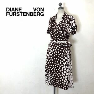 M654-O◆ DIANE VON FURSTENBURG ダイアンフォンファステンバーグ カシュクールワンピース シルク 総柄 半袖 リボン◆size10 絹 ブラウン