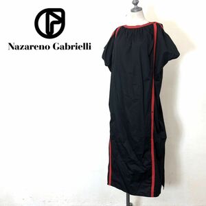 M651-O◆イタリア製◆ Nazareno Gabrielli ナザレノガブリエリ ロングワンピース バイカラー 半袖◆size40 コットン ブラック 黒 レッド