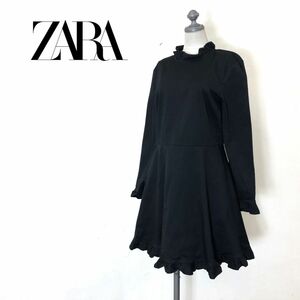 M622-O-N◆美品◆ ZARA ザラ フレアワンピース フリル 膝丈 長袖◆sizeS コットン ブラック 黒