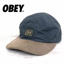 M709-F-N◆ old ◆ obey オベイ キャップ 帽子 ロゴパッチ ◆ size FREE コットン ナイロン ネイビー ブラウン 古着 メンズ ユニセックス_画像1