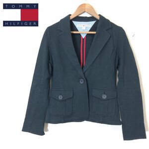 M320-F-S◆ TOMMY HILFIGER トミーヒルフィガー テーラードジャケット シングル 1B ◆ size2 コットン100 ブラック 古着 レディース 春