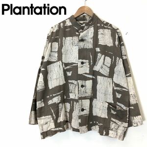 M285-F-S◆ old ◆ Plantation プランテーション イッセイミヤケ スタンドカラーシャツ 総柄 ◆ sizeM コットン100 ブラウン 古着 メンズ