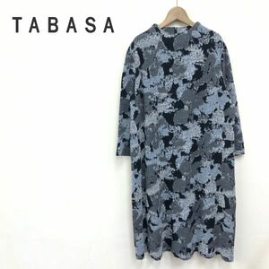 M496-K◆良品 日本製 TABASA タバサ モックネックニットワンピース◆size34 グレー 総柄 薄手 裏地なし カジュアル レディース 綿 ウール