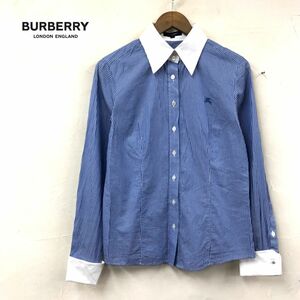 M427-W-S◆BURBERRY バーバリー 長袖シャツ ブラウス ストライプ カフス きれいめカジュアル レディース◆size:40 ブルー系 コットン100