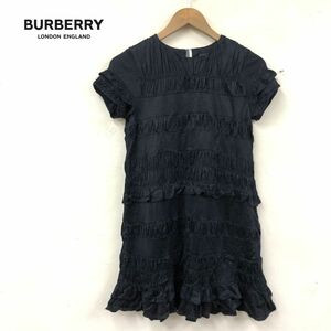 M426-W-S◆キッズサイズ◆BURBERRY バーバリー ワンピース 半袖 裏地なし シャーリング 無地 子供服◆size:140A ブラック系 リヨセル 綿