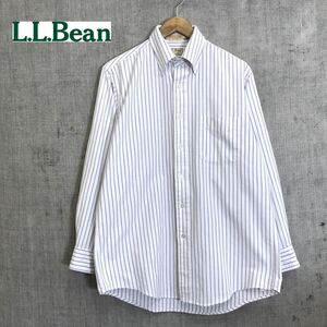 M1083-N◆old◆90s USA製 L.L.Bean エルエルビーン 長袖シャツ BD ボタンダウン ◆size15 1/2 ブルー ホワイト ストライプ コットン ポリ