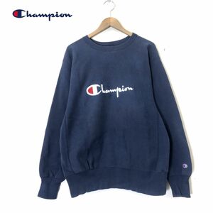 M998-N◆old◆90s◆ Champion チャンピオン リバースウィーブ スウェットシャツ トレーナー 刺繍タグ ◆sizeL ネイビー コットン ポリ