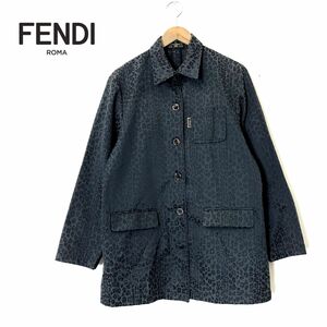 M1364-D◆old◆ FENDI フェンディ ステンカラーコート ロング 裏地なし レディース ◆ ブラック系 レオパード 総柄 ポリエステル コットン