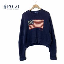 M1331-D◆ POLO Ralph Lauren ポロラルフローレン コットンニット 星条旗 身幅ひろめ レディース ◆ sizeS ネイビー 紺 綿100 ビーズ_画像1