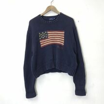 M1331-D◆ POLO Ralph Lauren ポロラルフローレン コットンニット 星条旗 身幅ひろめ レディース ◆ sizeS ネイビー 紺 綿100 ビーズ_画像2