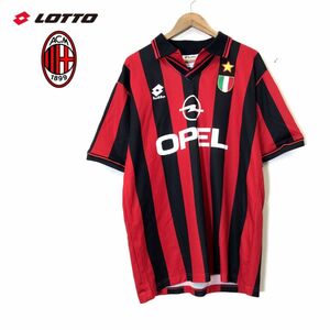 M991-D◆old◆ lotto ACmilan ロット エーシーミラン ユニフォーム ゲームシャツ ロゴ刺繍 サッカー◆sizeL ブラック レッド ポリ 公式