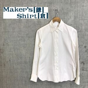 M1442-G-N◆Maker's Shirt鎌倉 メーカーズシャツカマクラ ワイシャツ◆size9 綿100% ホワイト 総柄 ロゴ レディース トップス 長袖 ボタン