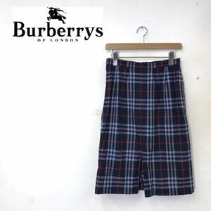 M1019-G-N◆美品◆burberrys バーバリーズ 台形スカート◆sizeL 毛100% チェック ネイビー レディース ロング 裏地 スリット タイト レッド