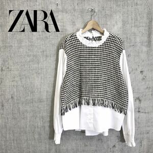 M1294-O◆良品◆ ZARA ザラ ニットドッキングシャツ ブラウス フリル ツイード レイヤード トップス 長袖◆sizeL コットン ホワイト 白