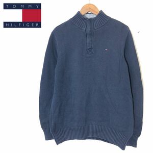 M1267-F-N◆ TOMMY HILFIGER トミーヒルフィガー ニット セーター ハーフジップ ◆ sizeL コットン100 ネイビー 古着 メンズ 春