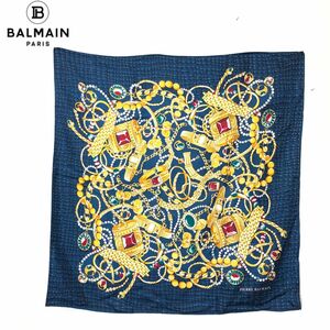 M1045-F-N◆ Pierre Balmain ピエールバルマン 大判スカーフ 総柄 ジュエリー 正方形 ◆ 87×87cm シルク100 絹 ネイビー ゴールド