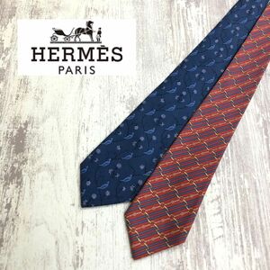 M810-K◆フランス製 HERMES エルメス ネクタイ2本セット◆2本セット ブルー、ピンク シルク100% 総柄 ビジネス 紳士 スーツ 小物